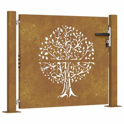 vidaXL Vrtna vrata 105x80 cm Corten jeklo dizajn drevesa