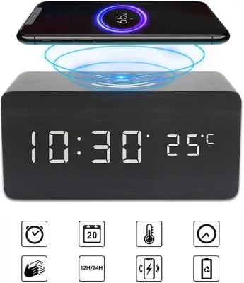 Digitalna Lesena Budilka Z LED, Brezžično Polnjenje, Datum, Čas, Temperatura, USB/Baterija
