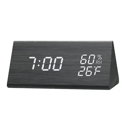 Digitalna Budilka Z Lesenim Elektronskim Led Prikazovalnikom Časa, 3 Nastavitvami Alarma, Zaznavanjem Vlažnosti In Temperature (Črna)