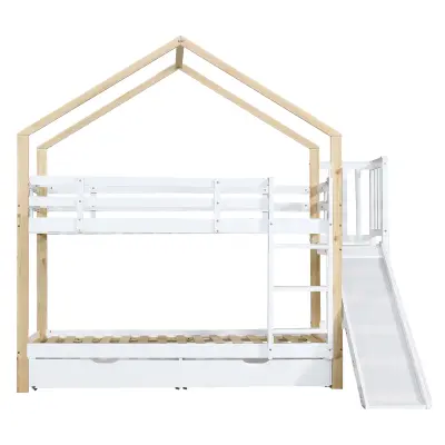 Dvoposteljna postelja z drsno lestvijo in predali - okvir iz masivnega lesa - 90x200 cm - bela