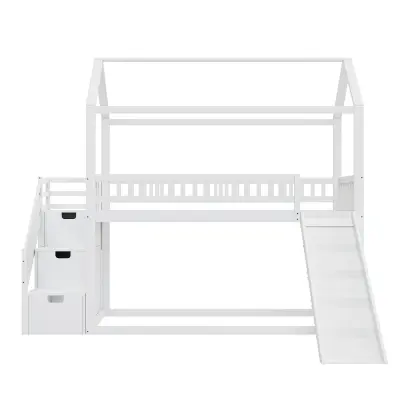 Pogradna postelja 90x200 cm - z drsnikom in lestvijo za shranjevanje - masivni les - bela