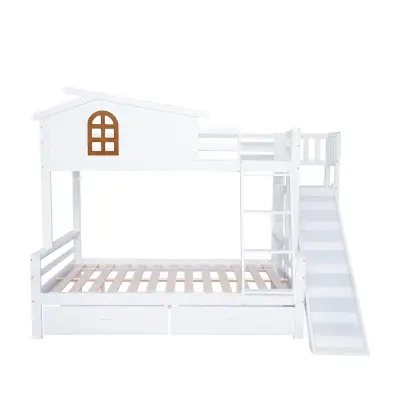Pogradna postelja Cabane z drsnikom + predali - okvir iz borovega lesa - 90x200cm + 120x200cm - bela