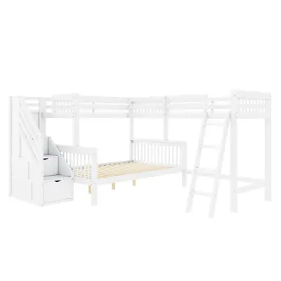 Lesena trojna pograd 2x90x200 cm + 140x200 cm z lestvijo in stopnicami, bela