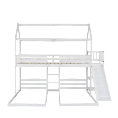 Pogradna postelja 90x200 cm za 3 otroke - drsnik, odprte police - borov les in MDF - bela