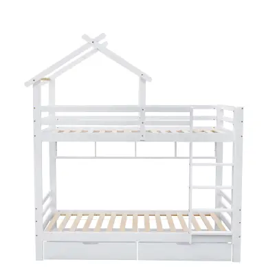Cabane 90x200cm Dvonadstropna postelja iz masivnega borovega lesa s predali in policami + posteljni podstavki z letvami - bela