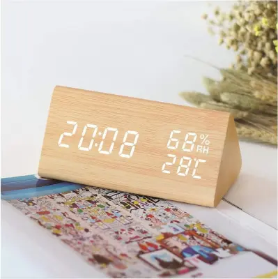 Digitalna Budilka Led Lesena Budilka Potovalna Budilka Z 2 Alarmoma/Prikazom Temperature/Vlažnosti, 3 Svetlosti, Nočna Omarica Za Spalnico