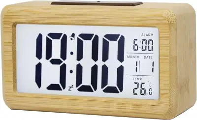 Lesena Digitalna Budilka, Velik Led Zaslon, Nočna Lučka S Pametnim Senzorjem, Funkcija Dremeža In Temperature
