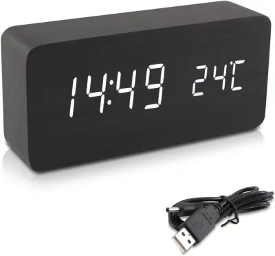 Lesena Led Budilka - Digitalna Ura Z Lesenim Videzom - Taktilna Jutranja Budilka S Funkcijo Datuma In Temperature - Črna Pravokotna In Bela Led