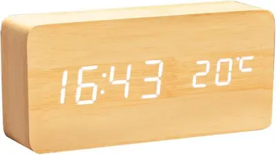 Lesena Digitalna Ura - Večfunkcijska Led Budilka S Prikazom Časa/Datuma/Temperature In Glasom