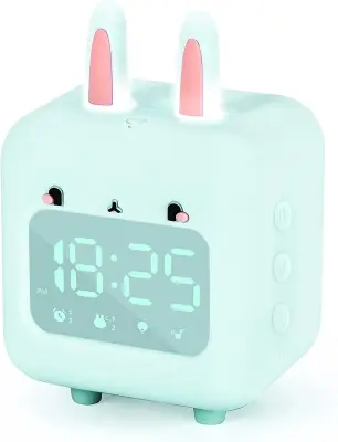 Otroška Budilka Z Nočno Lučko, Časovnikom, Dremežem, Sleep Trainer, USB Polnjenje, Zajček Dizajn