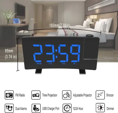Led Digitalna Budilka, Fm Radio Budilka Z Dvojnimi Alarmi, Projekcijska Budilka Z Higrometrom, 9-Minutna Funkcija Dremeža, Časovnik Za Izklop (Modra)