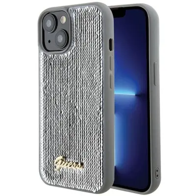 KOVINSKI OVITEK GUESS SEQUIN SCRIP ZA IPHONE 15 - OVITEK SREBRN