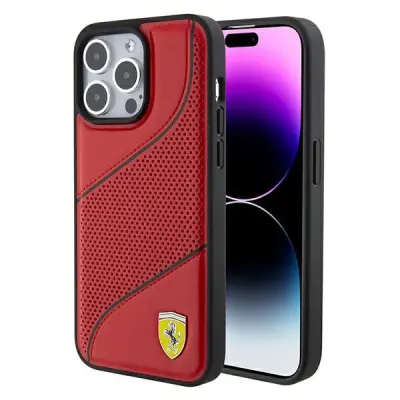 OVITEK FERRARI PERFORATED WAVES METAL LOGO ZA IPHONE 15 PRO MAX - RDEČ
