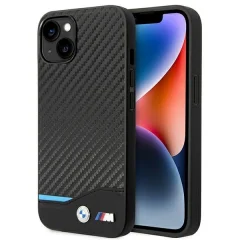 BMW USNJENI CARBON OVITEK OVITEK ZA IPHONE 14 ČRNO USNJEN