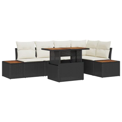 vidaXL 6-delni vrtni jedilni set s blazinami črn poli ratan akacija