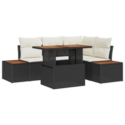 vidaXL 5-delni vrtni jedilni set z blazinami črn poliratn acacia