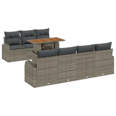 vidaXL 8-delni vrtni jedilni set s blazinami siva poli ratan acacia