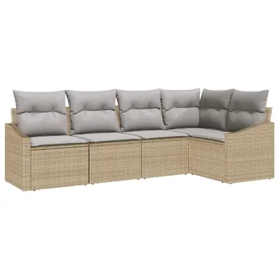 vidaXL 5-delni vrtni jedilni set s blazinami Bež Poly Rattan