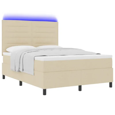 vidaXL Box Spring postelja z vzmetnico in LED kremne barve 140x190 cm iz tkanine