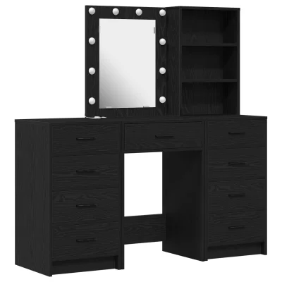 vidaXL 3-delni set toaletnih mizic z LED lučmi, črne barve, iz inženirskega lesa