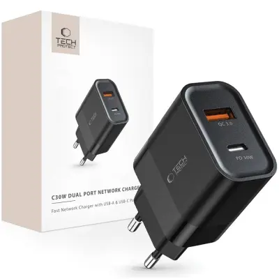 TECH-PROTECT 2-PORTNI MREŽNI POLNILEC PD30W QC3.0 ZA PAMETNE TELEFONE ČRN