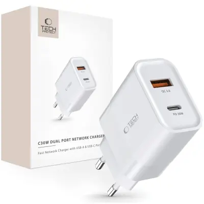 TECH-PROTECT 2-PORTNI POLNILEC PD 30W QC3.0 ZA USB C BEL