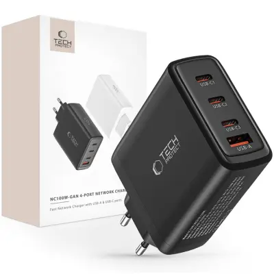 TECH-PROTECT NC100W-GAN 4-PORTNI MREŽNI POLNILEC PD100W/QC3.0 ČRN