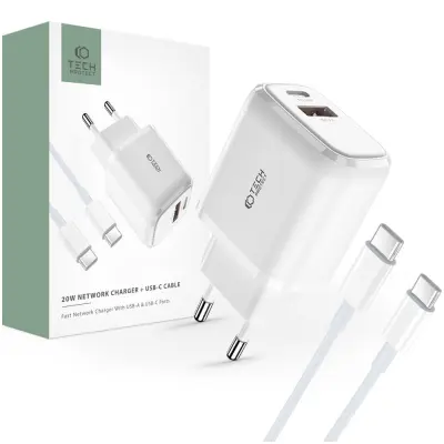 TECH-PROTECT C20W 2-PORTNI POLNILEC PD20W/QC3.0 Z BELIM KABLOM TYPE-C