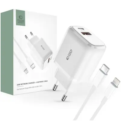 TECH-PROTECT 2-PORTNI POLNILEC PD20W QC3.0 Z LIGHTNING KABLOM, BEL