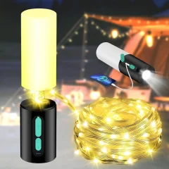 Niz Luči Za Kampiranje, 33 Ft Vrvica Z Lučkami, Polnilna Svetilka 4000 Mah, Prenosna, S Kavljem