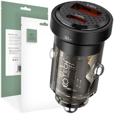 TECH-PROTECT 2-PORTNI AVTOPOLNILEC PD30W QC3.0 ZA ČRNI AVTO