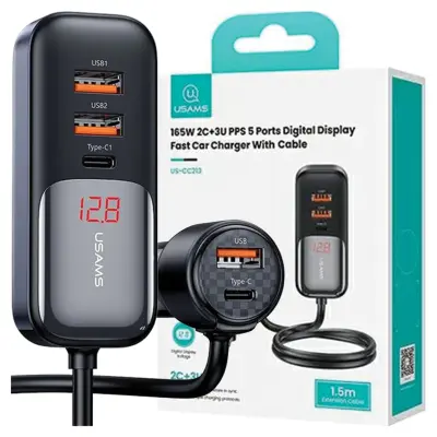 USAMS OMREŽNI POLNILEC 3XUSB 2XUSB-C 165W PD QC FAST CHARGE ČRN