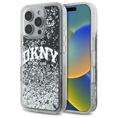 DKNY HARDCASE TEKOČI OVITEK Z BLEŠČICAMI ZA IPHONE 16 PRO 6.3 ČRN LOGO LOK
