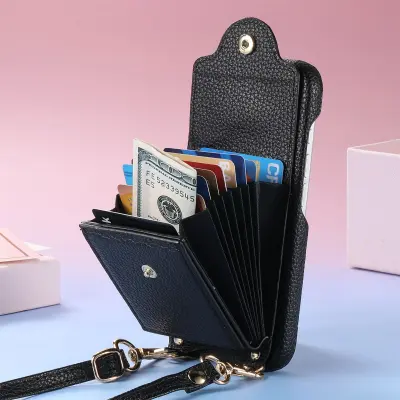 Usnjena torbica za iPhone z ogledalom in držalom za kartice - črna   Model 5