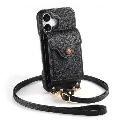 Usnjena torbica za iPhone z ogledalom in držalom za kartice - črna   Model 10