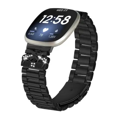 Iskriv pas za Fitbit Versa 3/4 z metuljem in tremi okrasnimi kamni Black