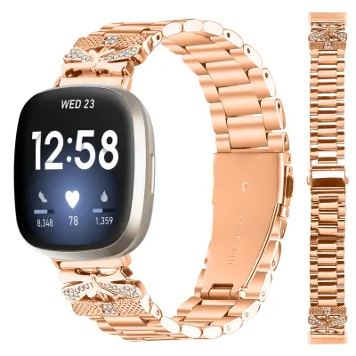 Iskriv pas za Fitbit Versa 3/4 z metuljem in tremi okrasnimi kamni PinkGold