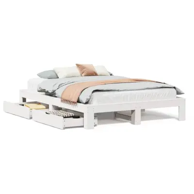 Posteljni Okvir - Dvoposteljna postelja brez vzmetnice bel 150x200 cm trdna borovina