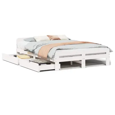 Posteljni Okvir - Dvoposteljna postelja brez vzmetnice bel 140x190 cm trdna borovina