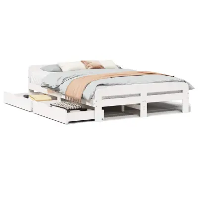 Posteljni Okvir - Dvoposteljna postelja brez vzmetnice bel 150x200 cm trdna borovina