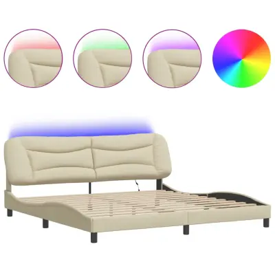 Posteljni Okvir - Dvoposteljna postelja z LED lučkami krem 200x200 cm blago
