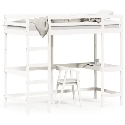 Postelja za odrasle - Posteljni Okvir z mizo bel 90x190 cm trdna borovina