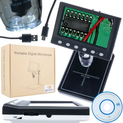 Rosfix Mikroskop DM7-B1 – Digitalni 4,3'''' LCD Zaslon, 50–1000X, 8 LED, USB, microSD | 1080P, 0–3 cm Fokus