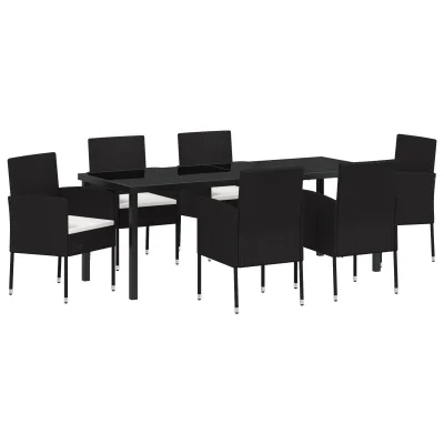 vidaXL 7-delna vrtna jedilna garnitura z blazinami Črna poli ratan