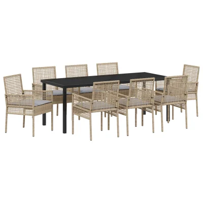 vidaXL 9-delna vrtna jedilna garnitura s blazinami Bež poli ratan