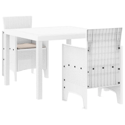 vidaXL 3-delni vrtni jedilni set s blazinami bela poly ratan