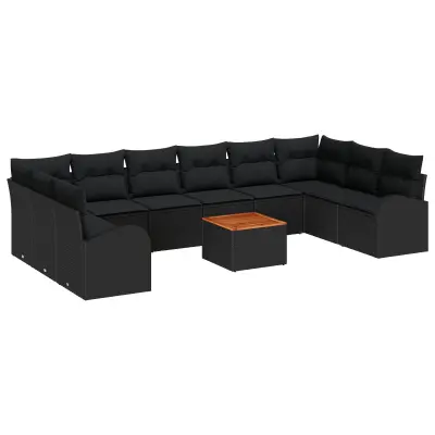 vidaXL 11-delni vrtni sofa set z blazinami Črna Poli Ratan Akacija
