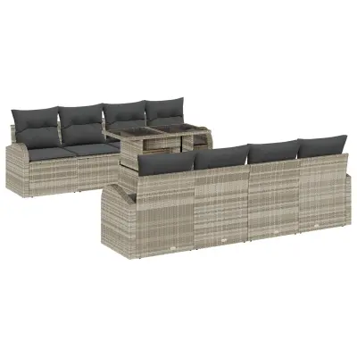 vidaXL 9-delni set vrtne sedežne garniture z blazinami svetlo siva poly ratan