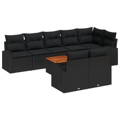 vidaXL 9-delni vrtni kavč z blazinami Črn Poli Ratan Acacia
