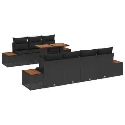 vidaXL 8-delni vrtny jedilni set z blazinami Črn Poly Ratan Acacia